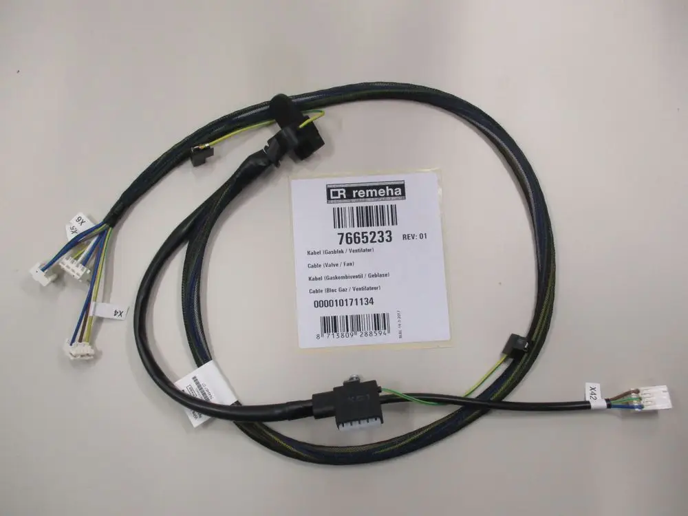 Kabel mit mehreren Anschlüssen für Gasventil, Ventilator und Trafo, gekennzeichnete Drähte, Remeha-Label sichtbar.